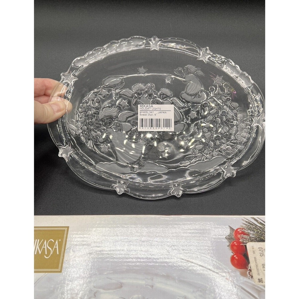 MIKASA Holiday Lights SWEET DISH 9" Crystal Glass ANGELS CHRISTMAS Serving Plate